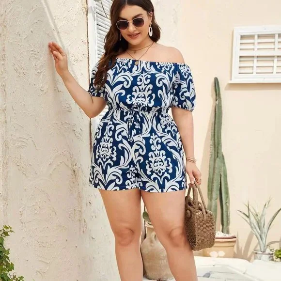 Plus Size Women's Romper 0XL Boho Off Shoulder White Blue Romper size 12-14us - Picture 5 of 5